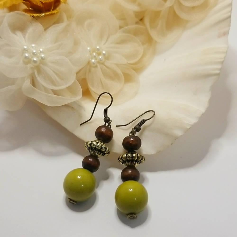 Olive Green & Gold Dangle Earrings